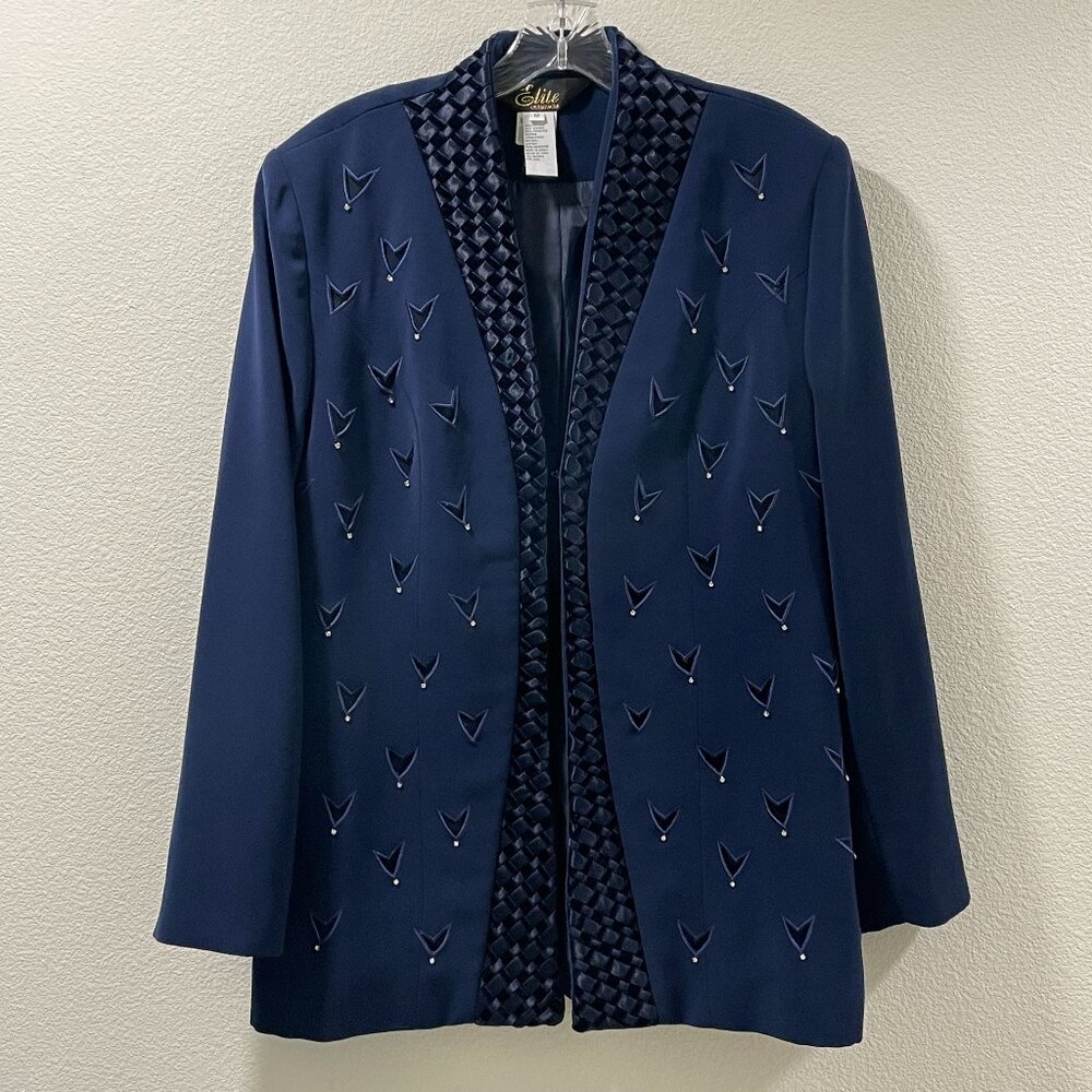 ELITE CHAMPAGNE Rare Find Vintage Blazer Embroider Cutouts Rhinestones Navy 12